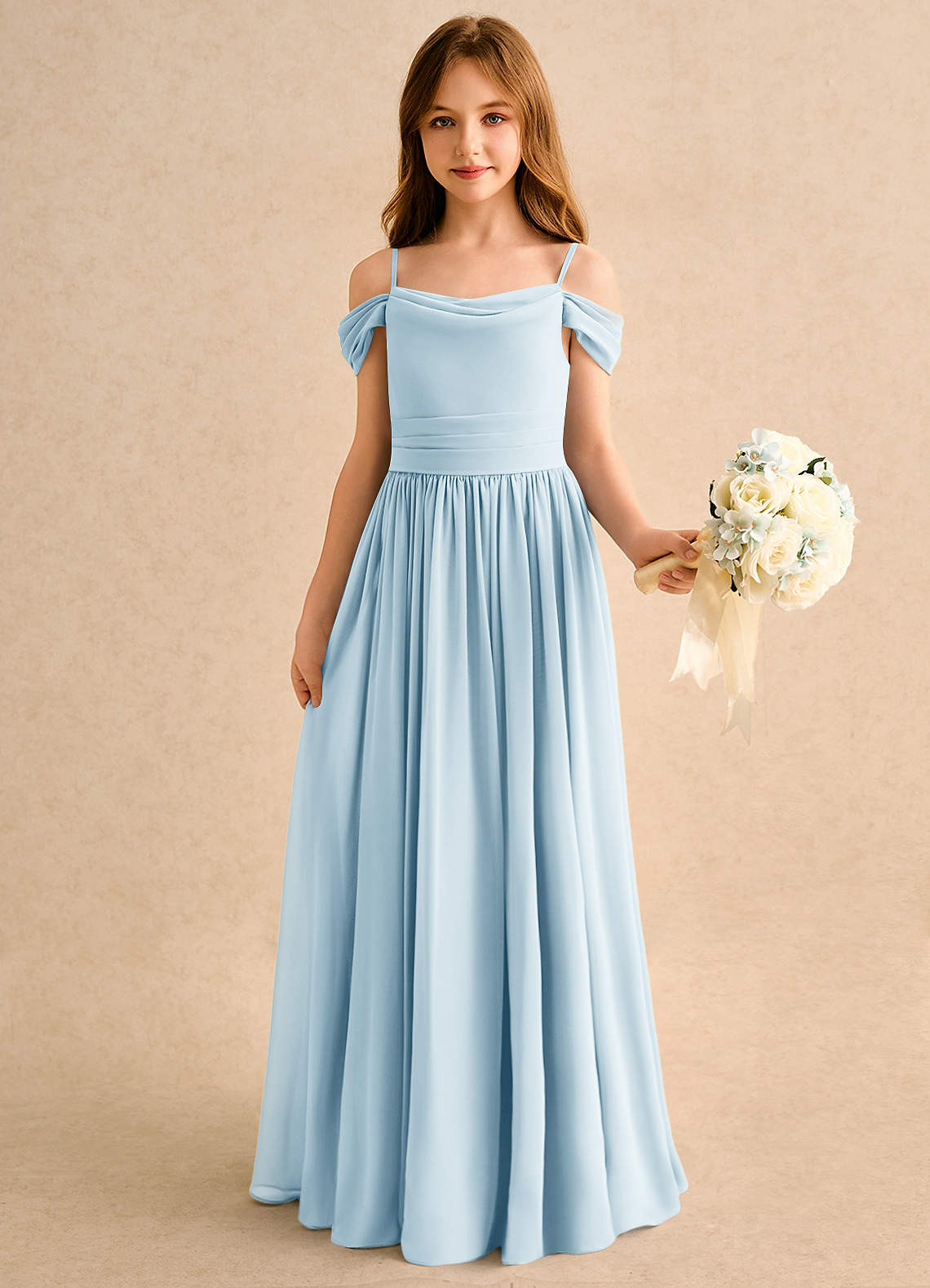 Azazie Shia Girls Formal Vestidos de florista Vestido Céu Azul de Chiffon de Linha A com Fora do ombro image3