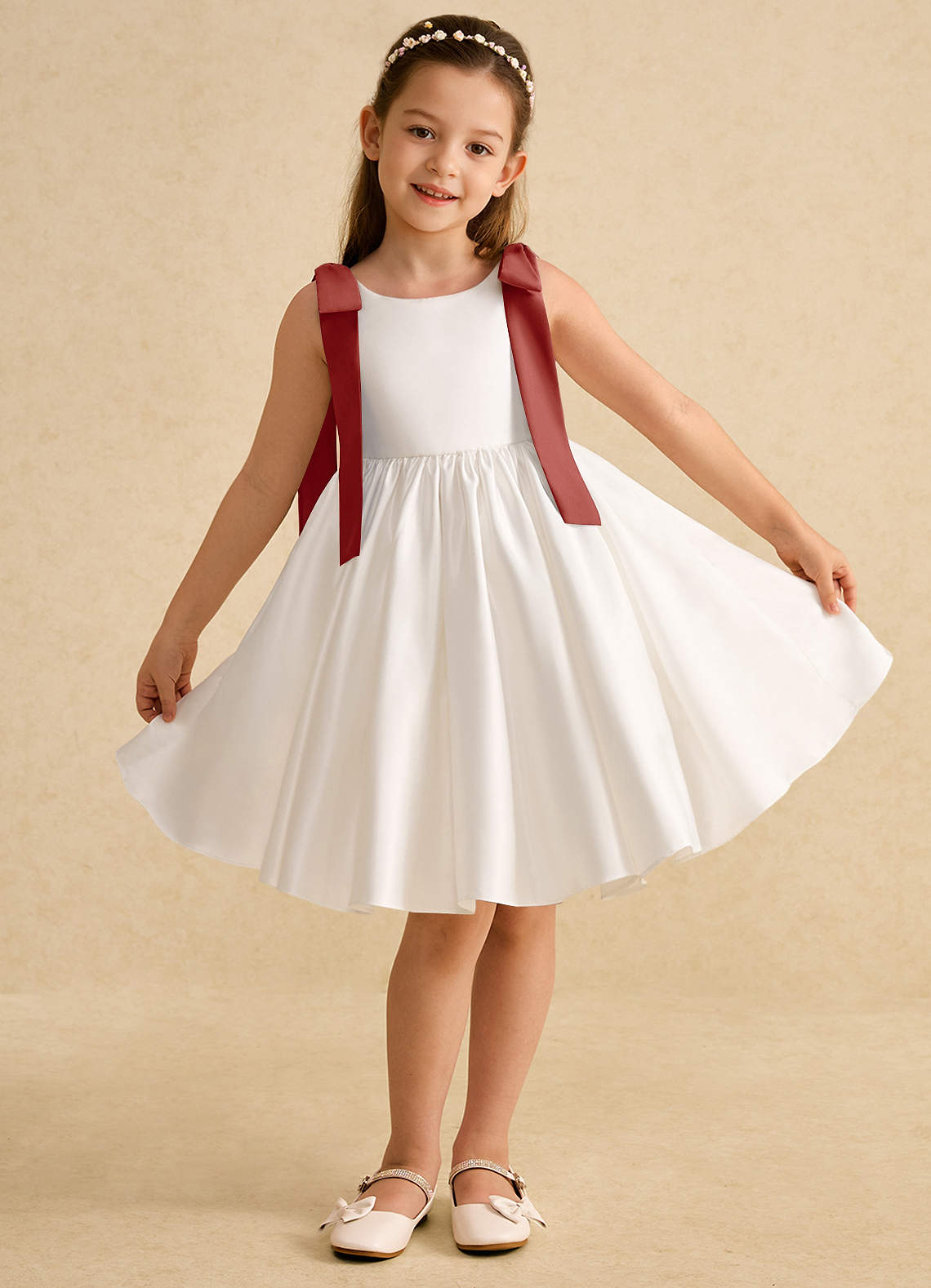 Azazie Stacie Flower Girl Dresses Ivory Terracotta A-Line Bow Matte Satin Dress image1