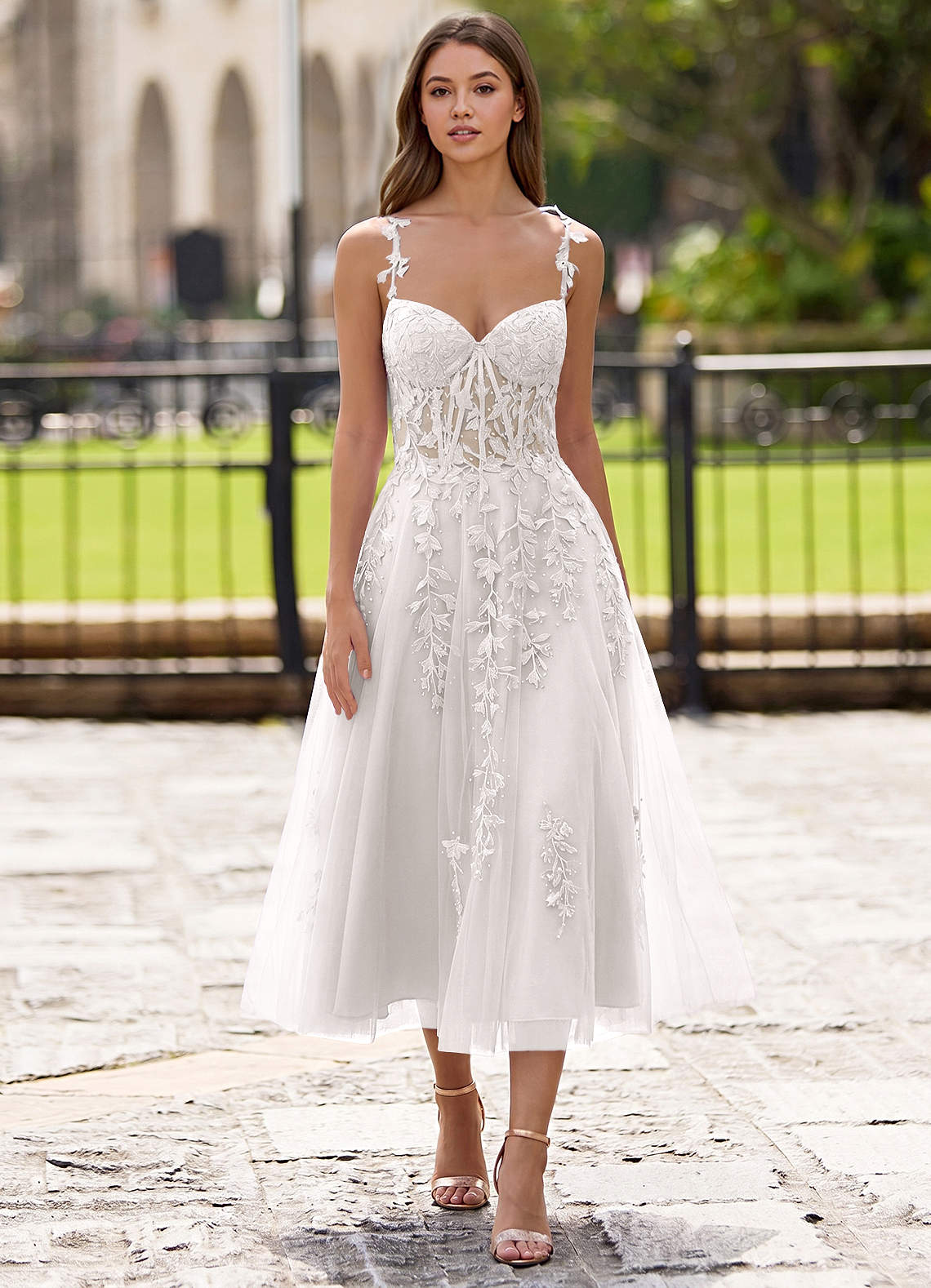 Zosia White Lace A-line Lace Up Back Midi Dress | Azazie