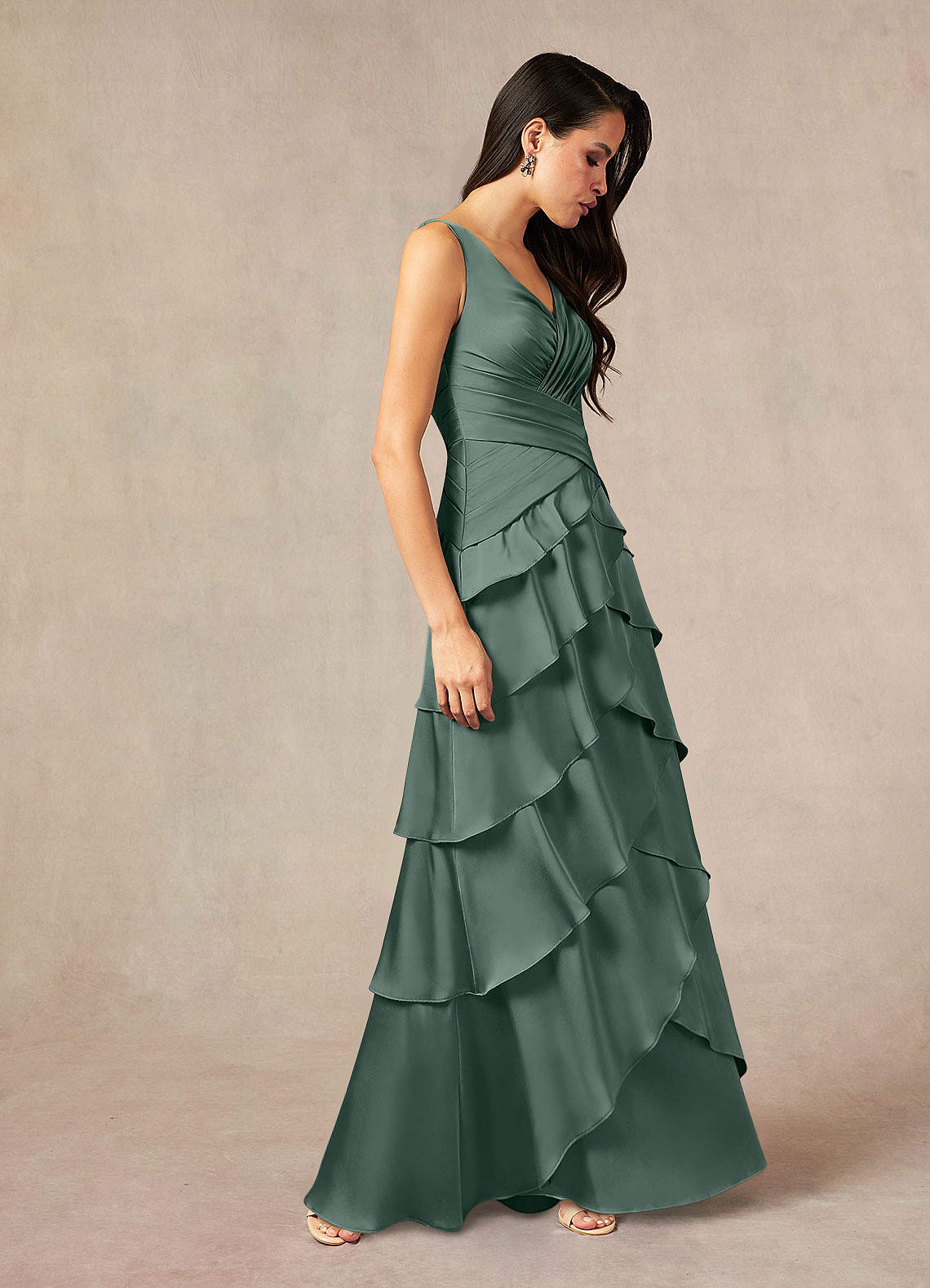 Azazie Viola Mother of the Bride Dresses Sea Moss A-Line Pleated Stretch Satin Dress image1