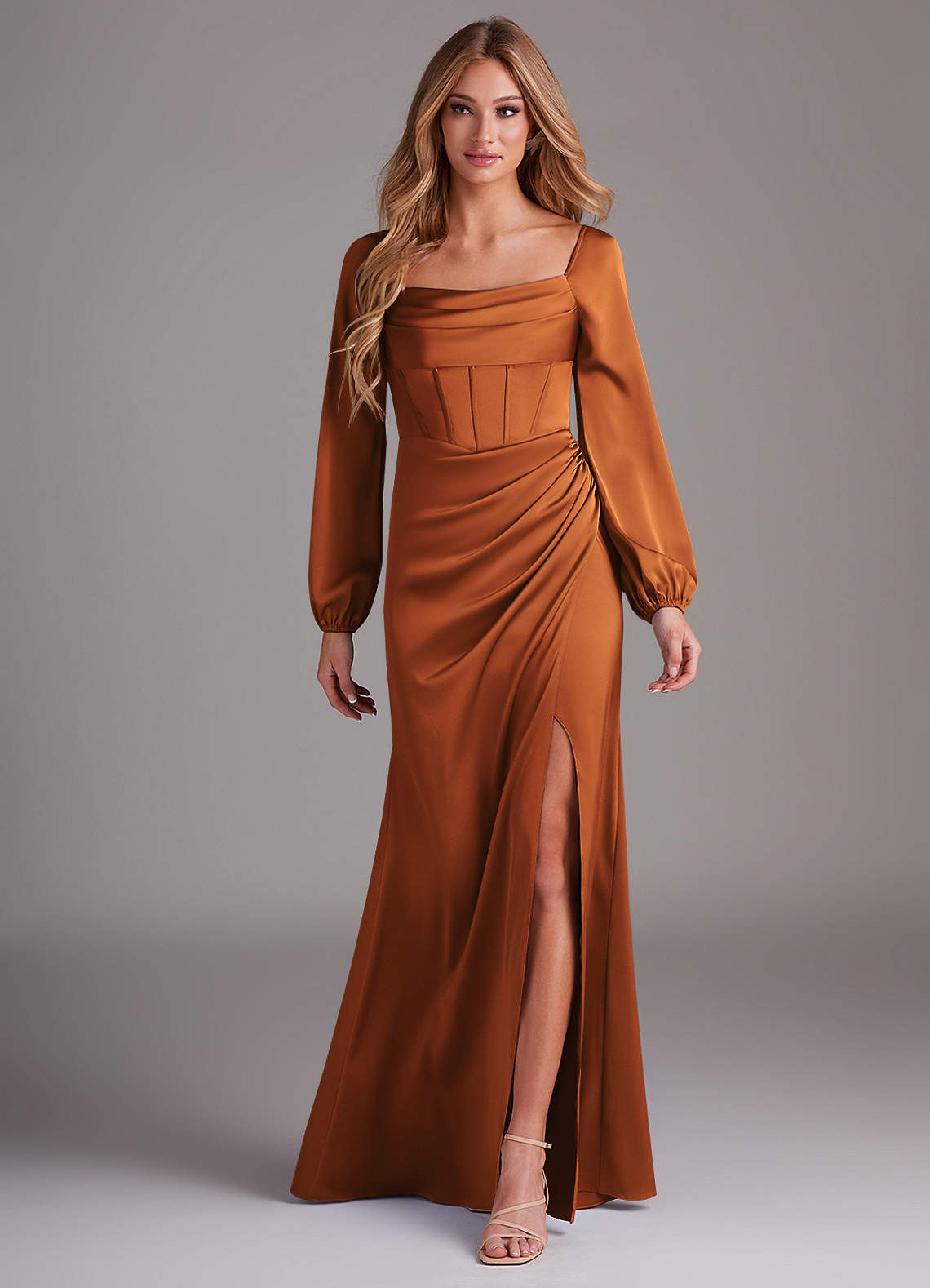 Azazie Charissa Bridesmaid Dresses Cinnamon Sheath Long Sleeve Stretch Satin Dress image1