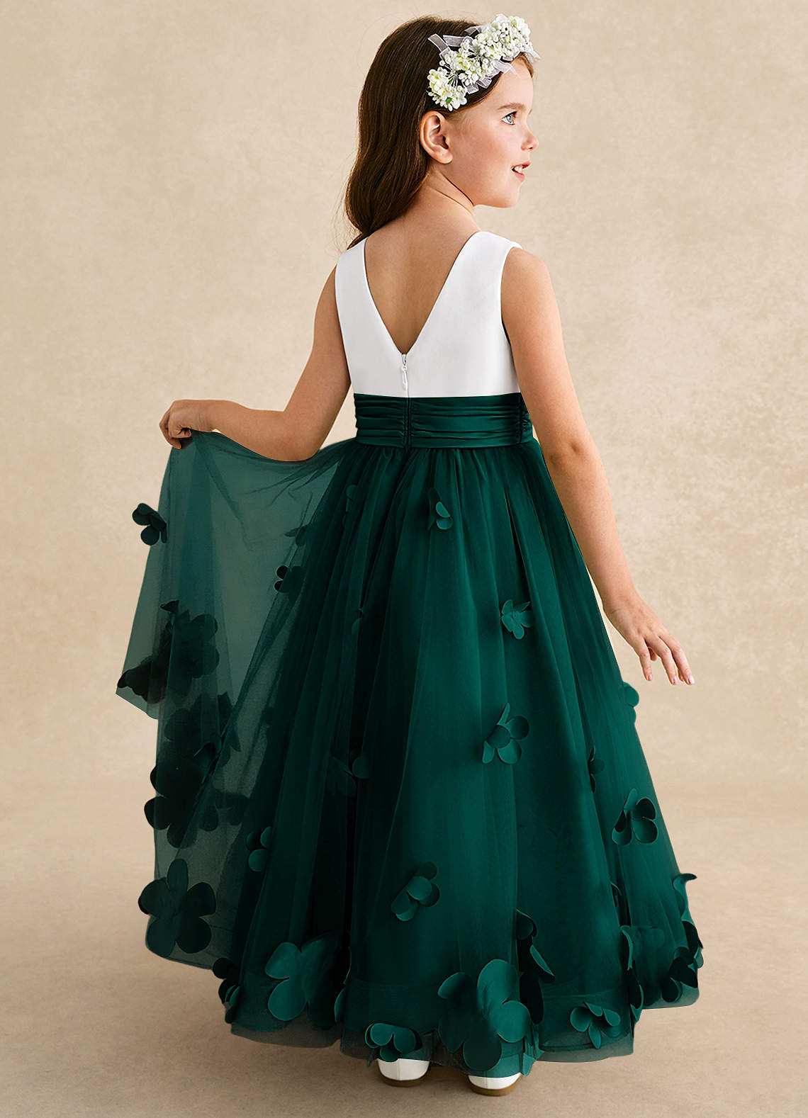 Azazie Vi Robe Demoiselle D'honneur Fillette Robe Trapèze en Tulle Sans manches Vert Pin image1