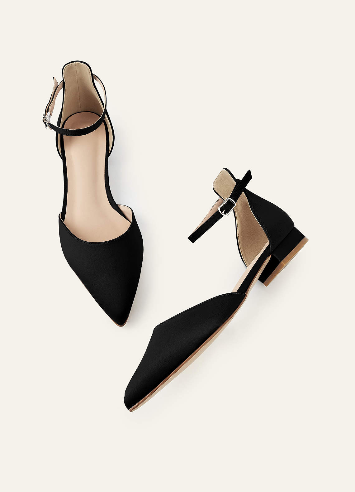 front Matching Color Matte Satin Pointed Toe Ankle Strap Flat Pumps Low Heel Wedding Shoes
