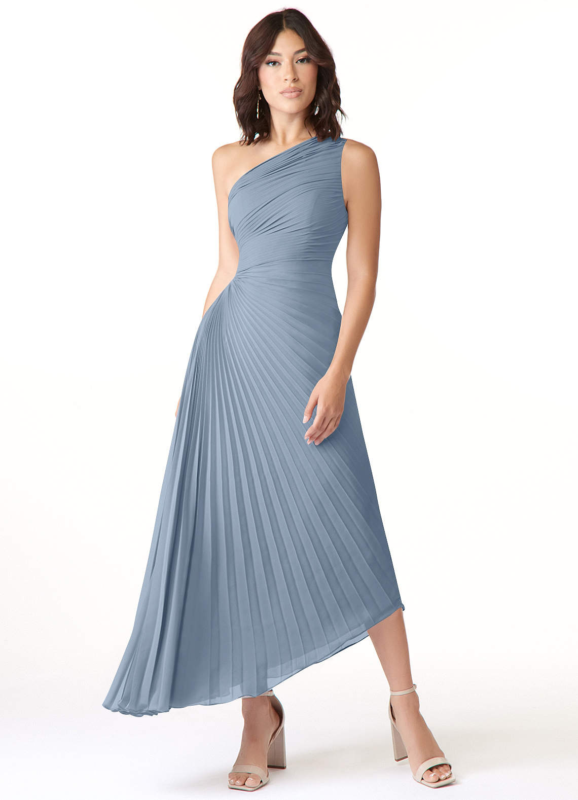 Azazie Kirra Bridesmaid Dresses Dusty Blue A-Line One Shoulder Chiffon Dress image1