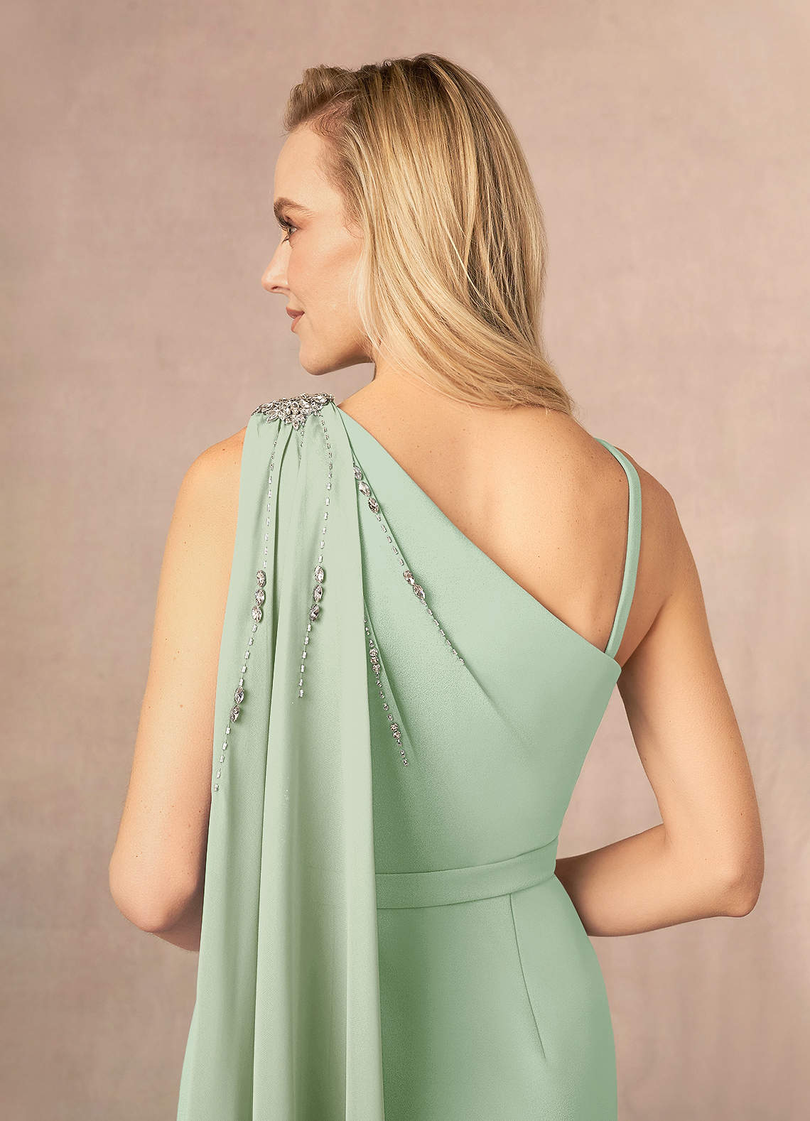 Azazie Gianna Venta Final Vestido de Salvia Polvorienta de Crepé elástico con Hombro unilateral image4