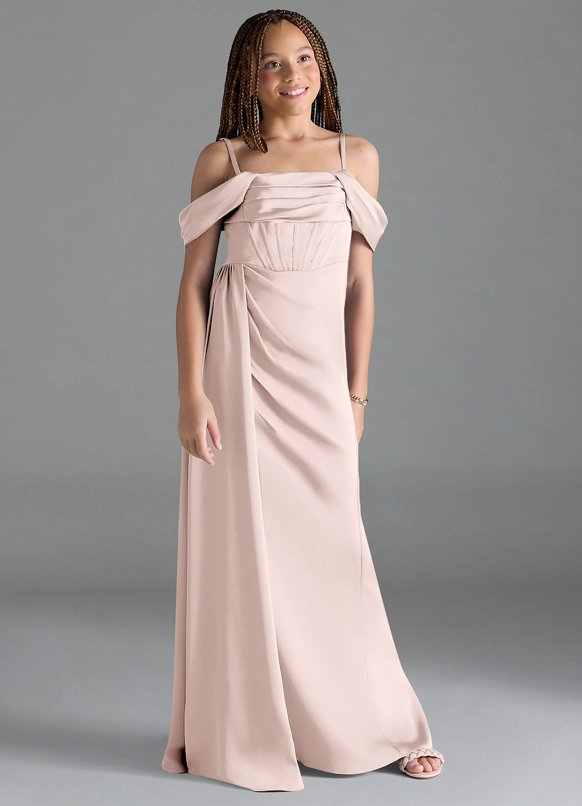 Azazie Amyra Junior Blushing Pink Sheath Off the Shoulder Stretch Satin Dress image1