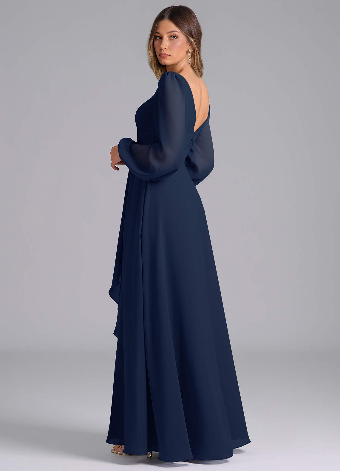 knee length dresses for ladies Julianna Modest V Neck Long Sleeves Ruffles Chiffon Bridesmaid Dresses, Regency