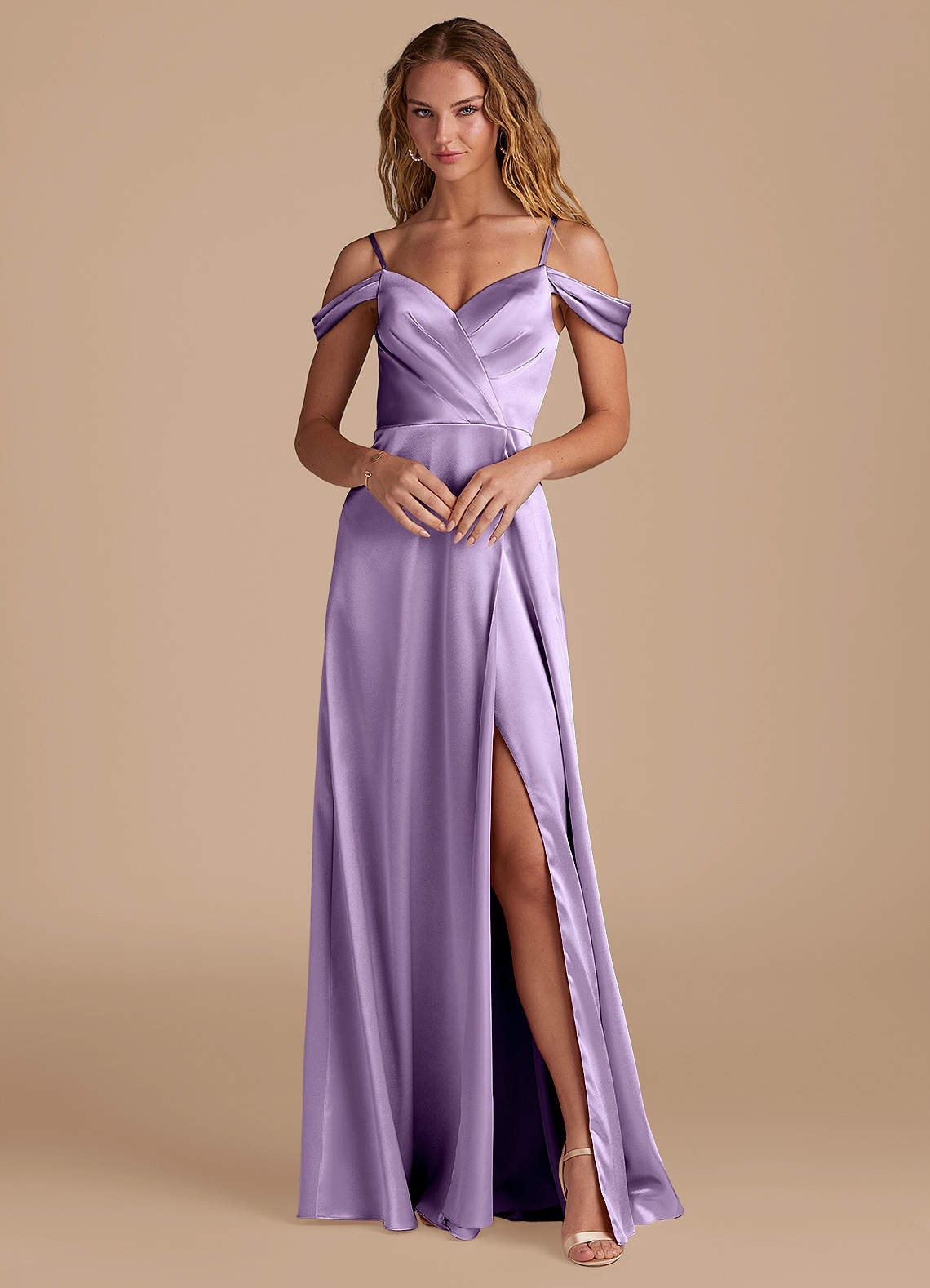Azazie A-Line V-Neck Floor-Length Metallic Satin Bridesmaid Dresses - Lilac Azazie Ocean Lilac Bridesmaid Dresses | Azazie