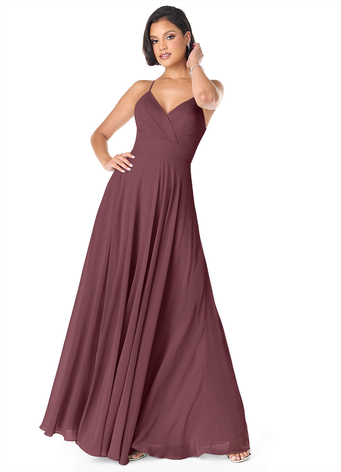Azazie Avelina Bridesmaid Dresses Sangria A-Line V-Neck Pleated Chiffon Dress image1