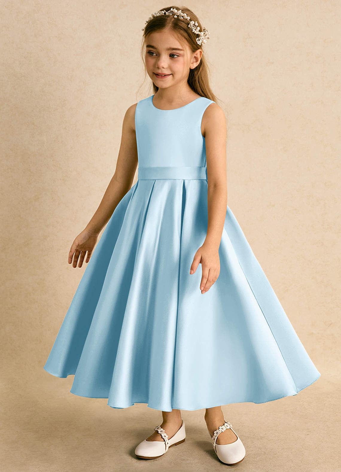 Azazie Junebuj vestidos de niña de las flores Vestido de Azul Cielo de Satin Mate de Princesa con Plisado image2