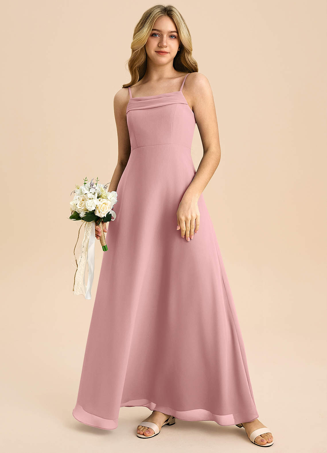 Azazie Anselie Junior A-Line Off-Shoulder Chiffon Gulv-længde Junior brudepige Kjole image6