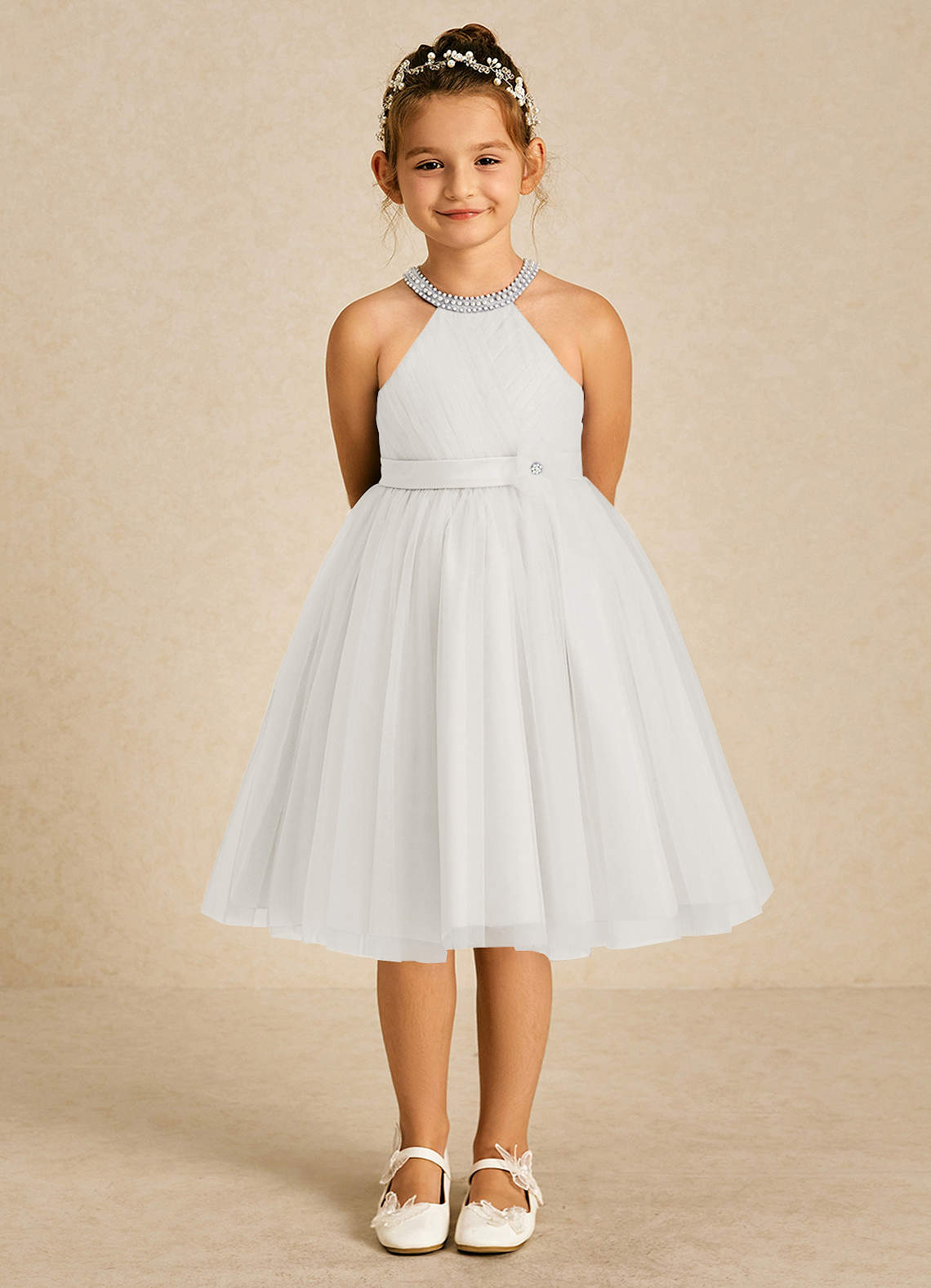 Azazie Honey Flower Girl Dresses Diamond White A-Line Beaded Matte Satin Dress image1