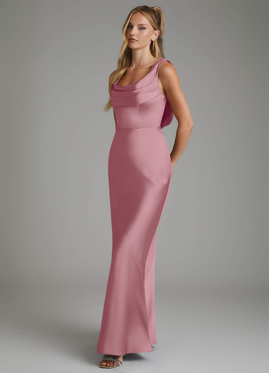 mauve mermaid bridesmaid dresses Azazie Cowl Neck Floor-Length Stretch Satin the Shoulder Sleeves column dress Valerie Ribbed Knit Long Size:XXS (US 00)