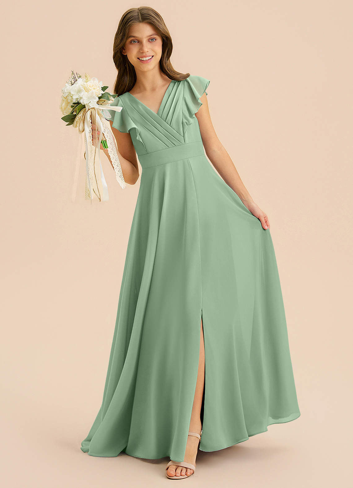 Azazie Anysa Junior Robe Trapèze en Mousseline de soie Rayé Matcha image2