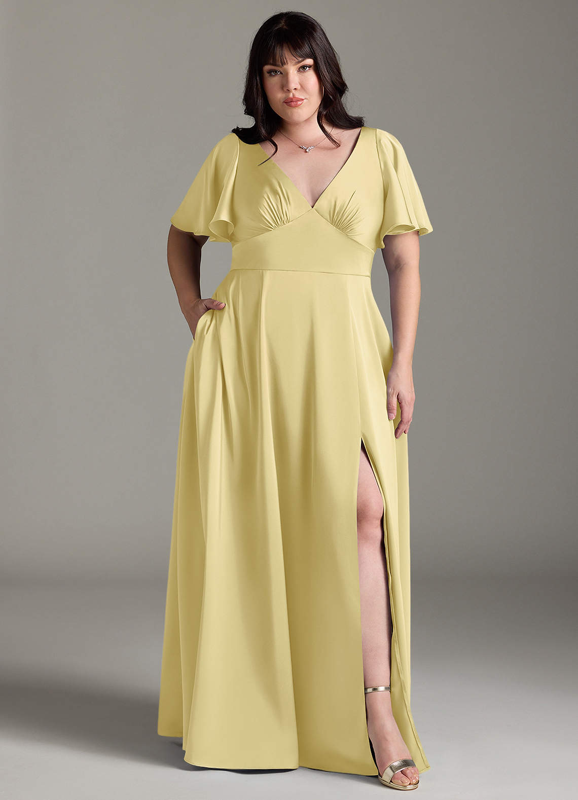 Azazie Kimber Bridesmaid Dresses Lemon Sorbet A-Line Ruched Stretch Satin Dress image1