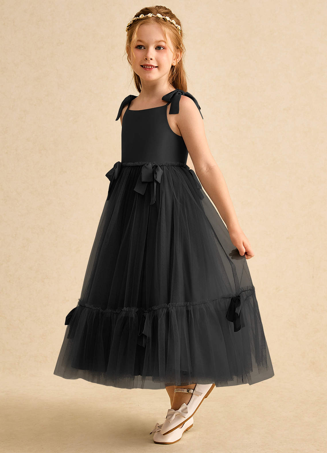 Azazie Jaci Flower Girl Dresses Black A-Line Spaghetti Strap Chiffon Dress image1