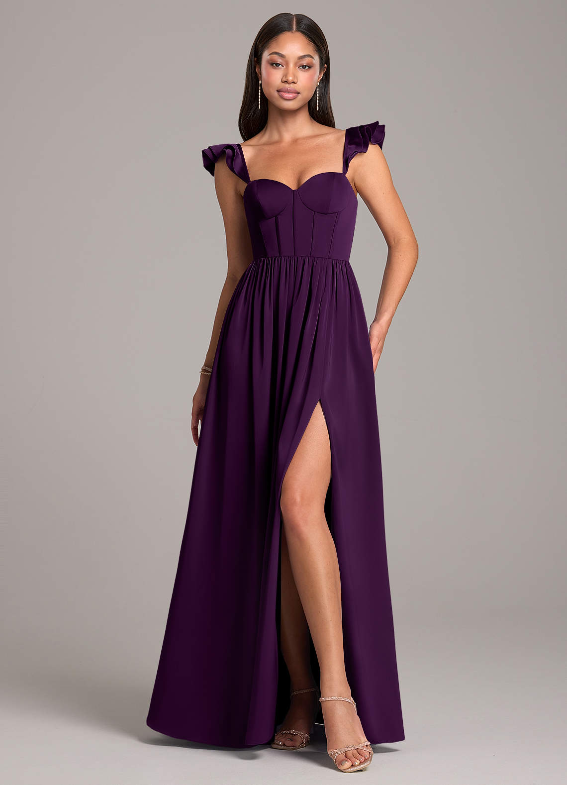 Azazie Denisse Bridesmaid Dresses Grape A-Line Ruched Stretch Satin Dress image1
