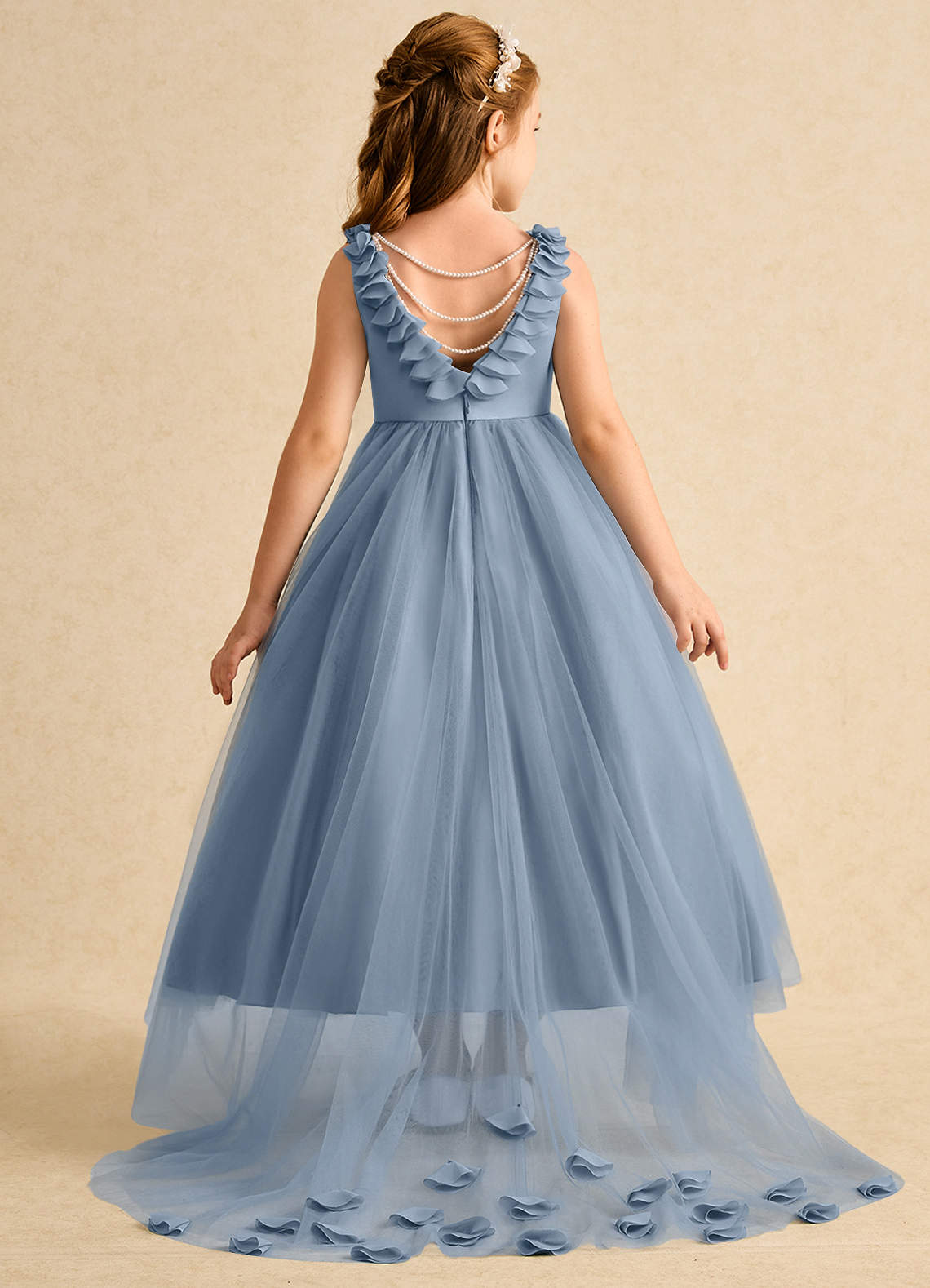 Azazie Lorita Flower Girl Dresses Dusty Blue A-Line Beaded Tulle Dress image1
