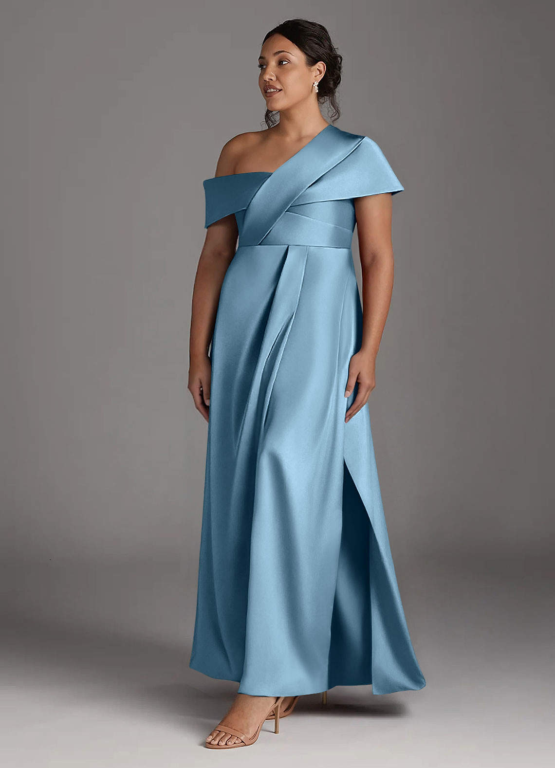 Azazie Milton Mother of the Bride Dresses Steel Blue A-Line Pleated Stretch Satin Dress image10