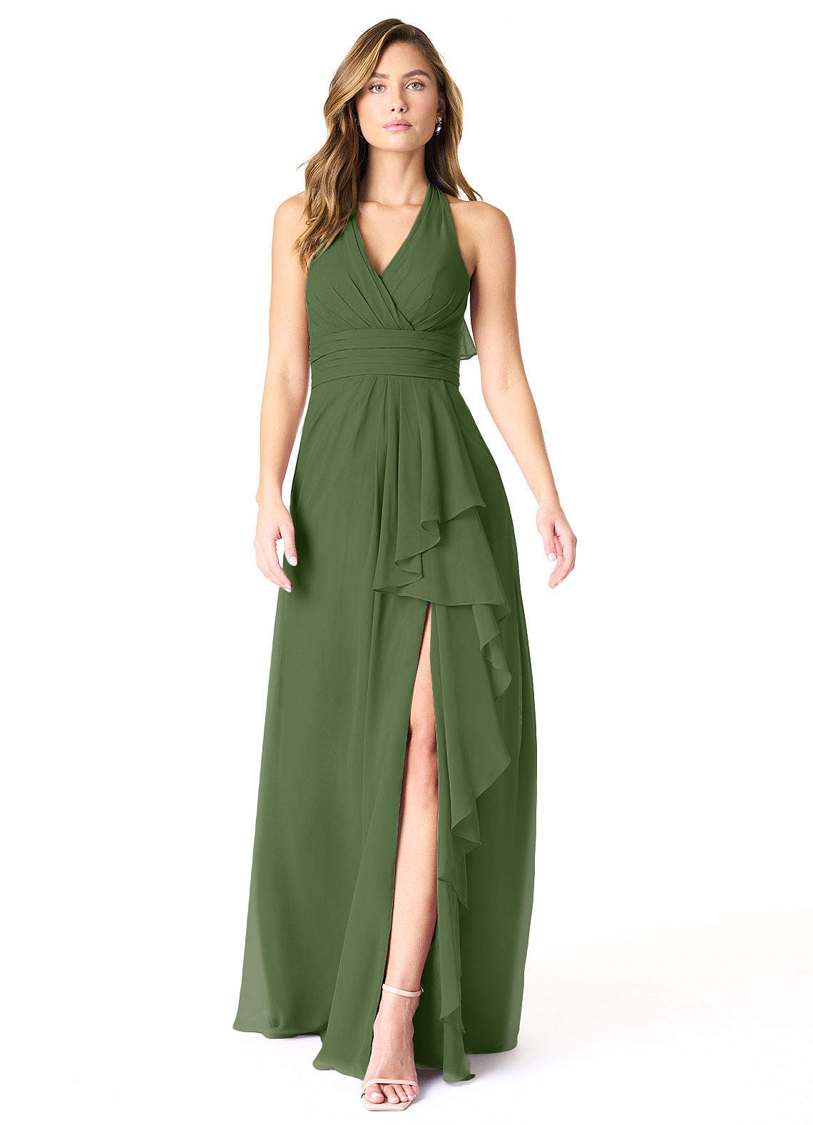 Azazie Aviv Bridesmaid Dresses Olive A-Line Pleated Chiffon Dress image1