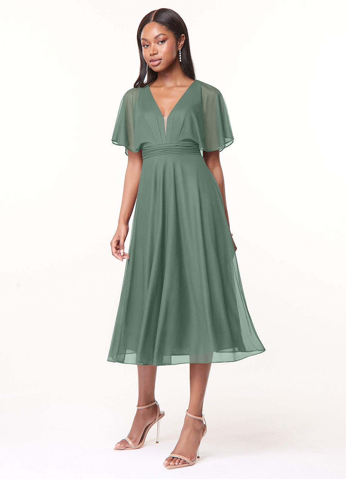 Azazie Tinsley Bridesmaid Dresses Eucalyptus A-Line Pleated Mesh Dress image2