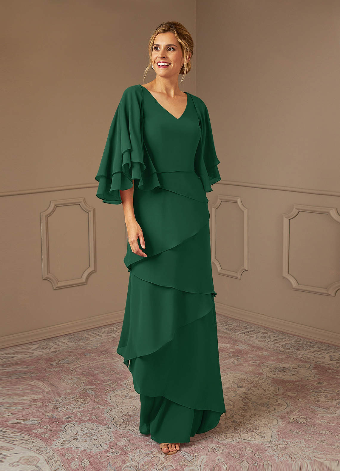 Azazie OHara vestidos de madre de la novia Vestido de Verde Oscuro de Gasa de Corte En A con Cuello en V image1