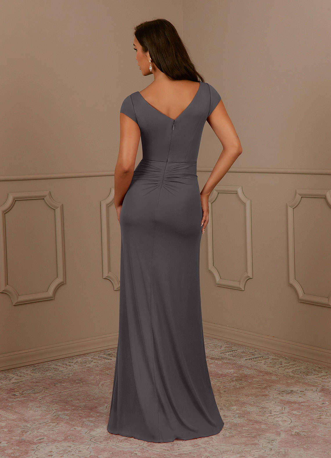 Azazie Roya Mother of the Bride Dresses Steel Grey Mermaid V-Neck Pleated Mesh Dress image3