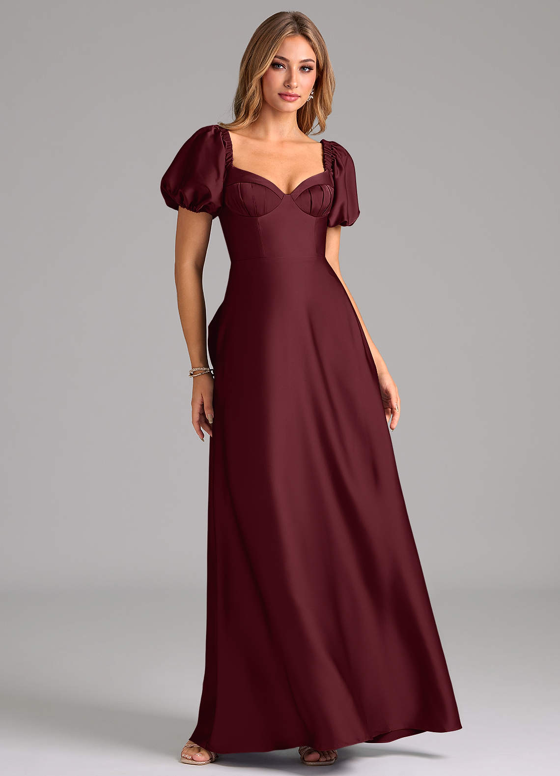 Azazie Fatima Bridesmaid Dresses Cabernet A-Line Pleated Stretch Satin Dress image1
