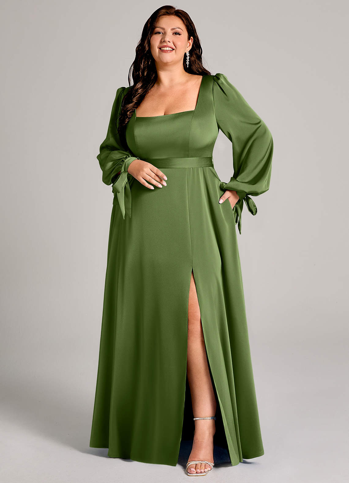 Azazie Leonia Bridesmaid Dresses Juniper A-Line Long Sleeve Stretch Satin Dress image1