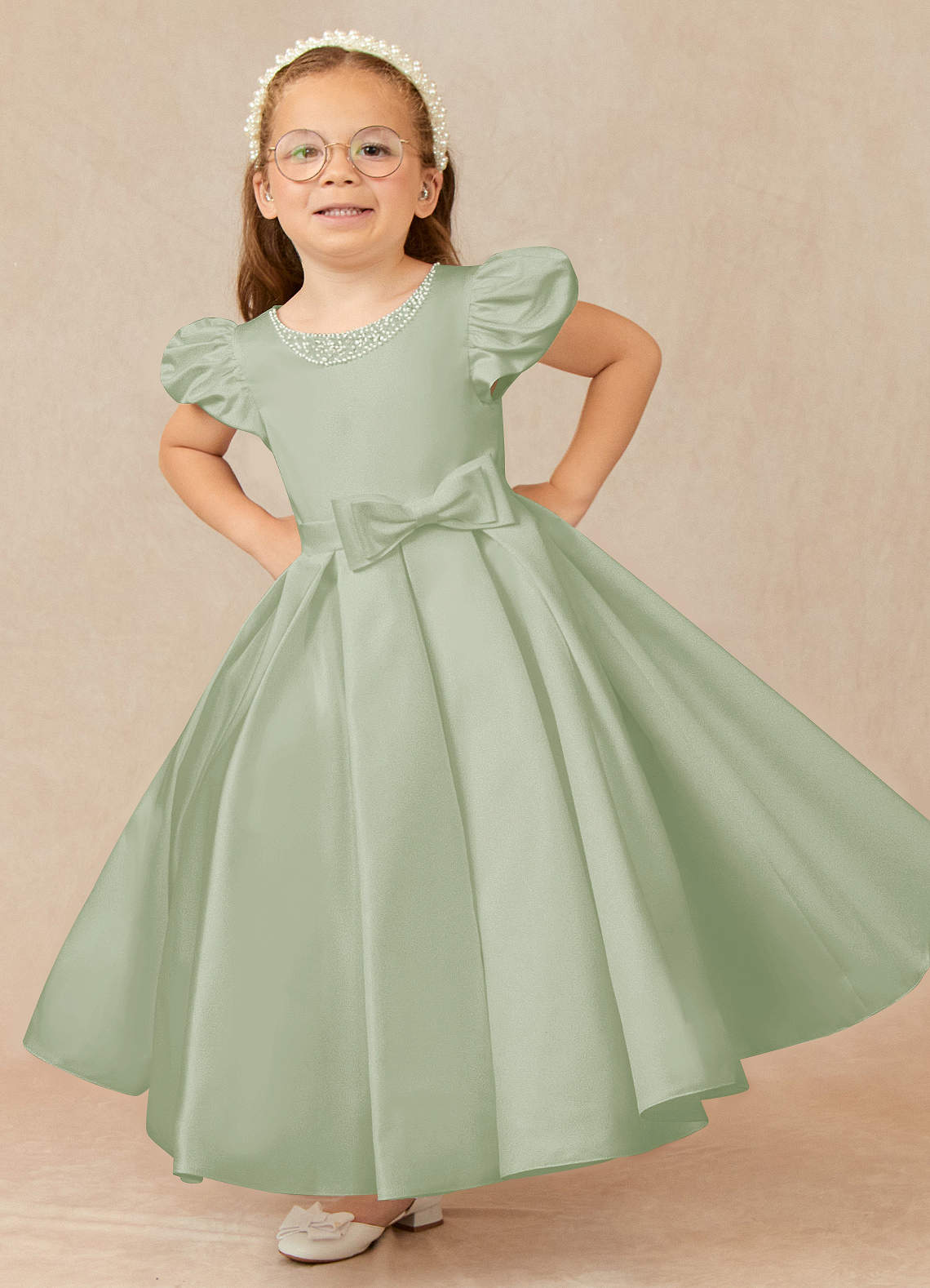 Azazie Jewel Flower Girl Dresses Dusty Sage Ball-Gown Pleated Matte Satin Dress image1