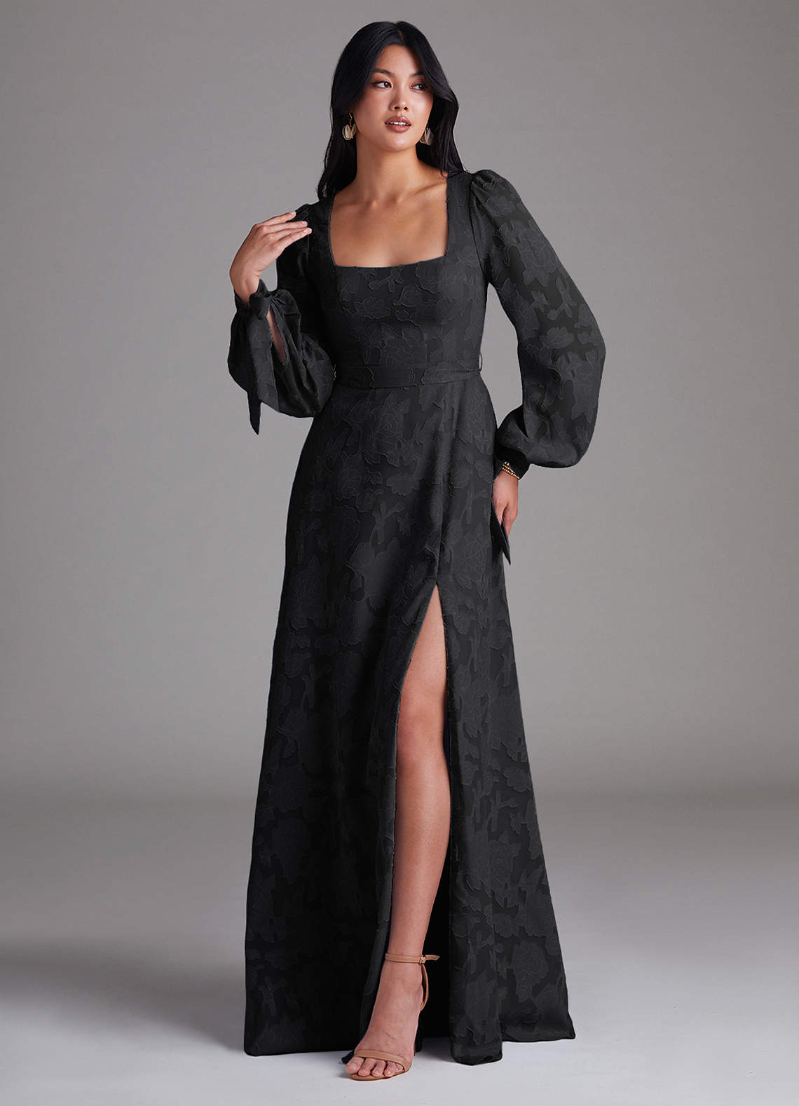 Azazie Leonia Bridesmaid Dresses Black A-Line Long Sleeve Floral Burnout Dress image3