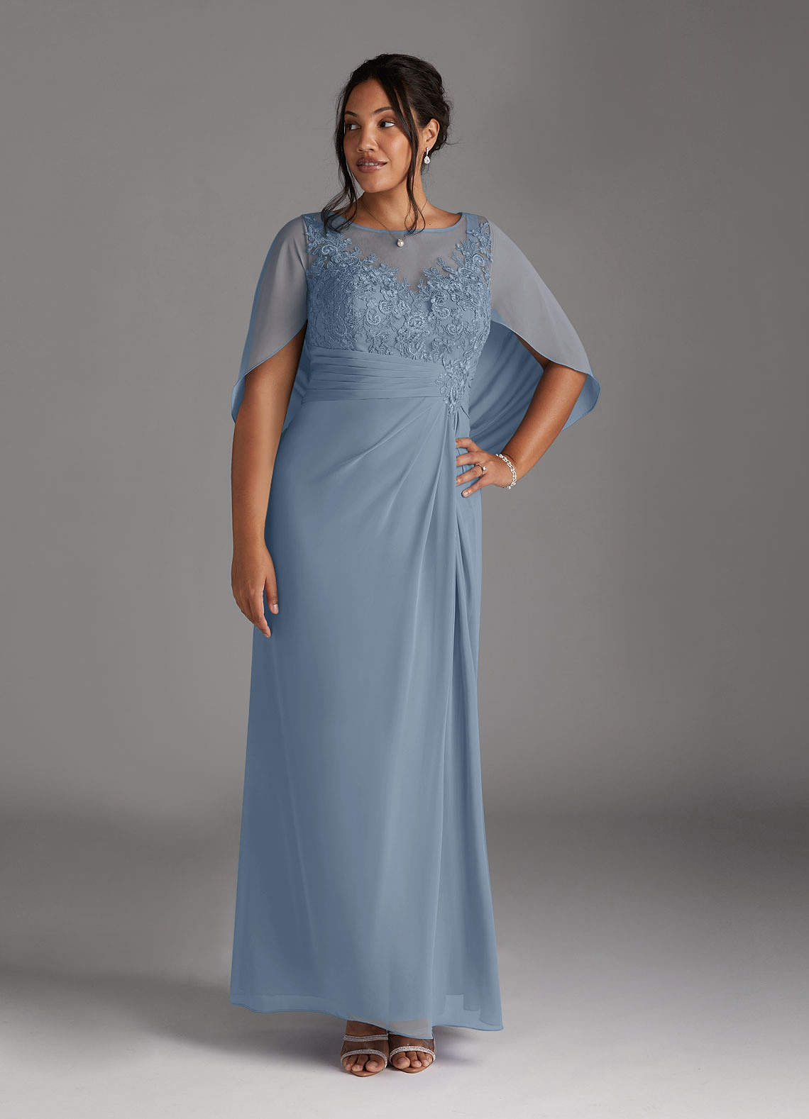 Azazie Hera Mother of the Bride Dresses Dusty Blue A-Line Lace Capelet Chiffon Dress image1