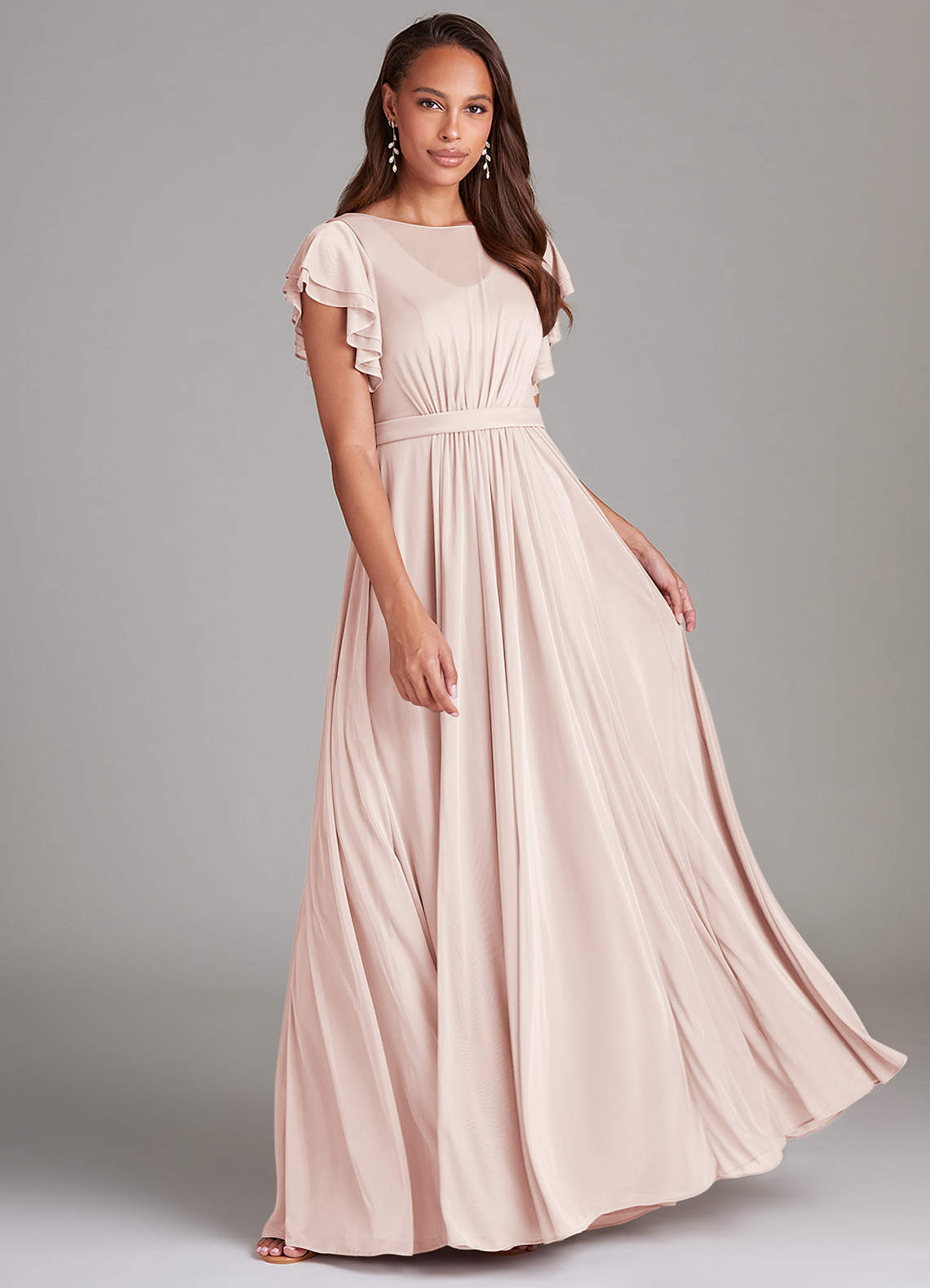 Azazie Daphne Modest Bridesmaid Dresses A-Line Ruched Mesh Floor-Length Dress image1