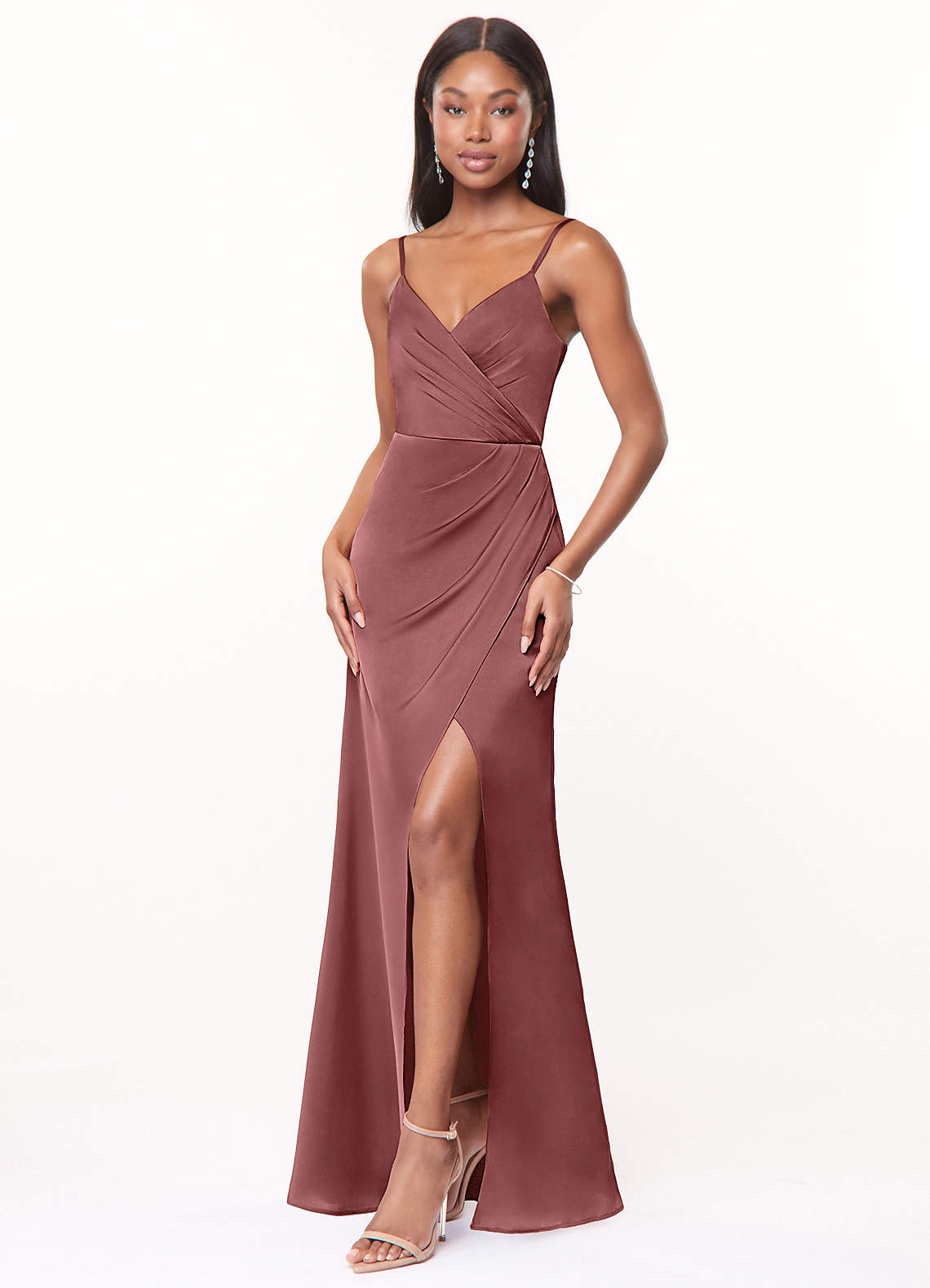 Azazie Maci Bridesmaid Dresses Amethyst A-Line V-Neck Pleated Stretch Satin Dress image2