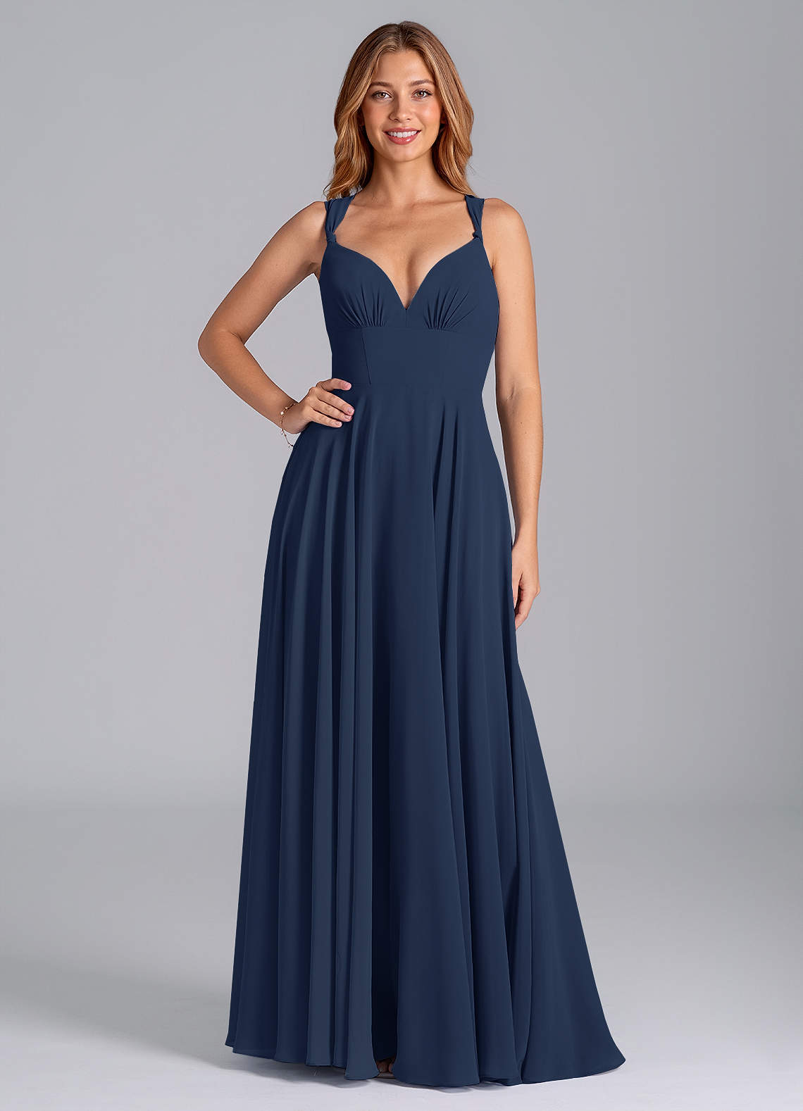 Azazie Darana At-home Try On Dresses Dark Navy A-Line Corset Chiffon Dress image1