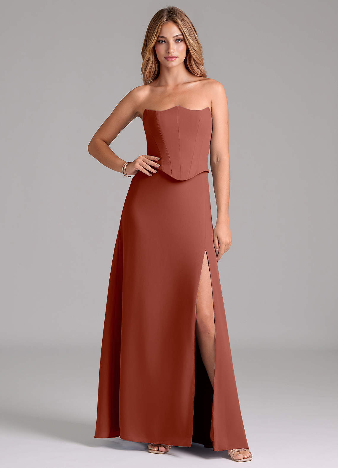 Azazie Jenilyn Bridesmaid Dresses Auburn A-Line Strapless Chiffon Dress image1