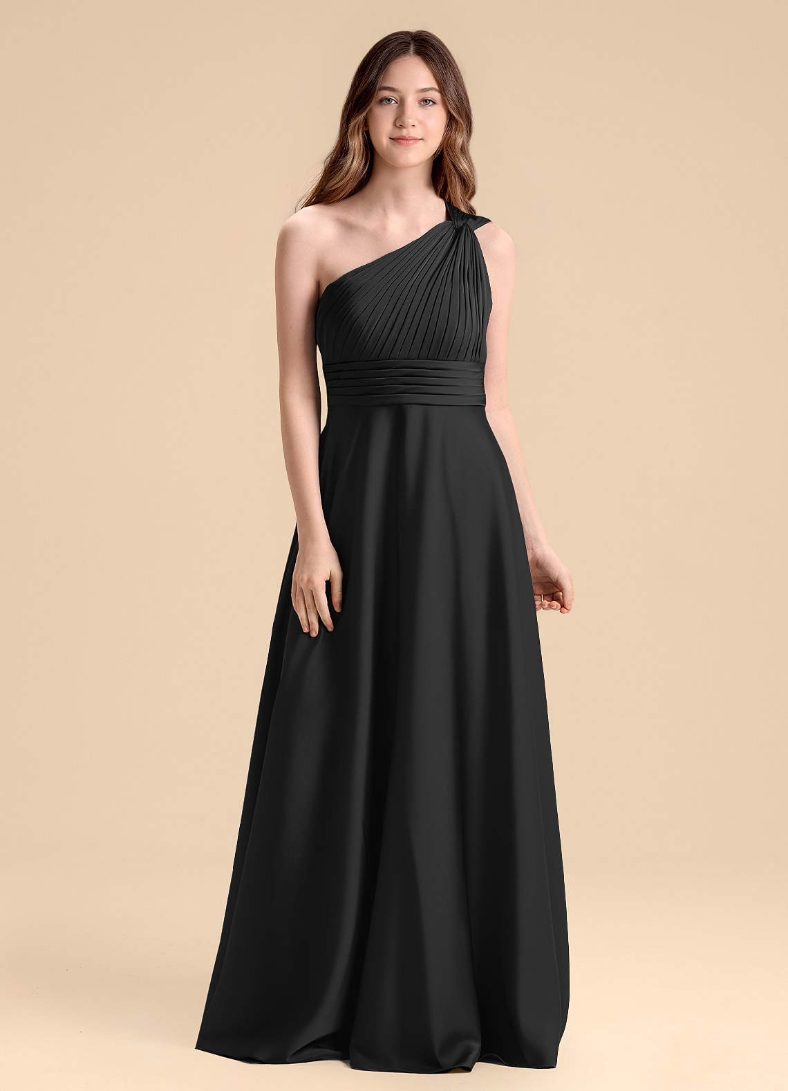 Azazie Charlize Junior A라인 주름진 스트레치 새틴 플로어 길이 주니어 신부 들러리 드레스 image1