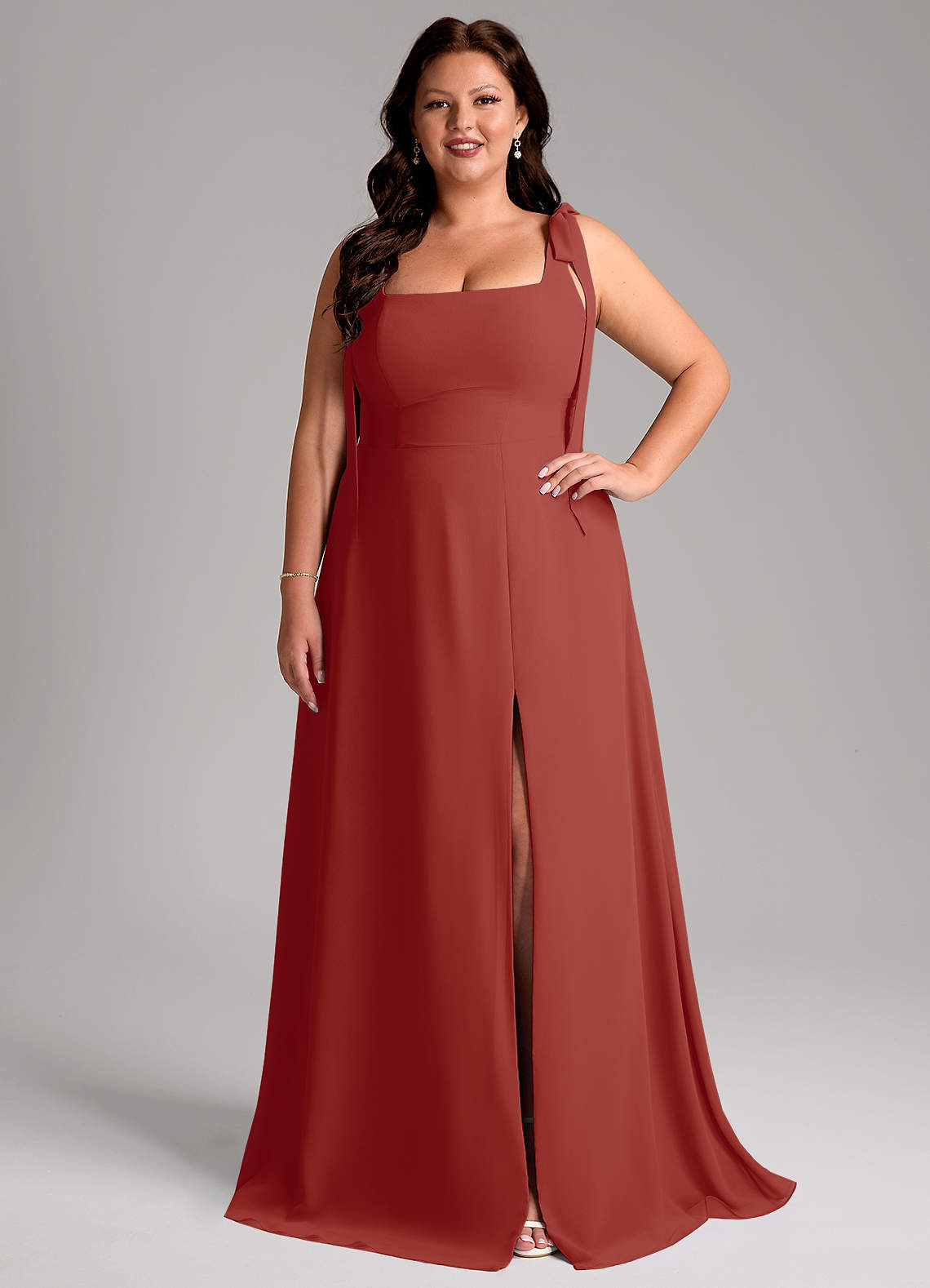 Azazie Debra Bridesmaid Dresses Terracotta A-Line with Pockets Chiffon Convertible Dress image1