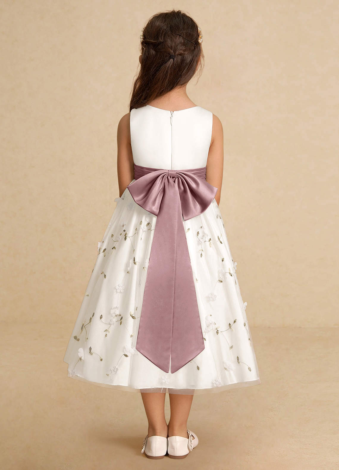 Azazie Pollie Flower Girl Dresses Ivory Dusty Rose A-Line Bow Tulle Dress image5