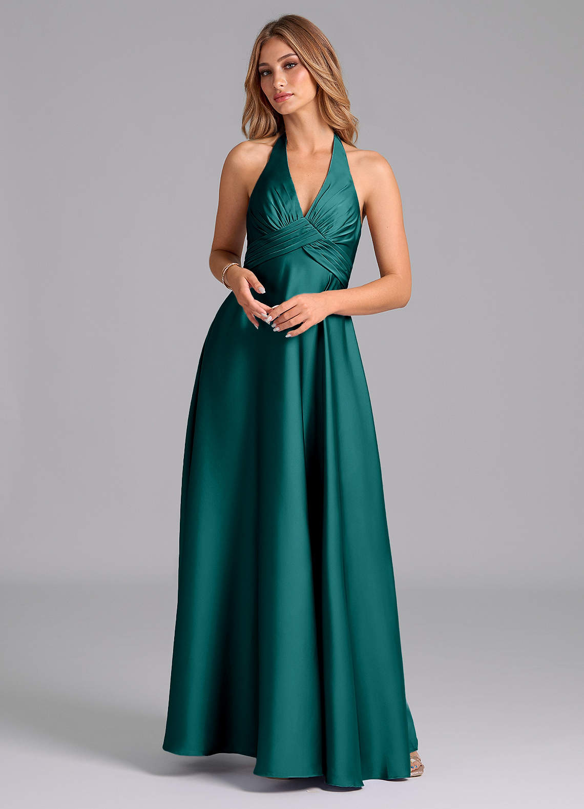 Azazie Tessie Bridesmaid Dresses Peacock A-Line Pleated Stretch Satin Dress image1