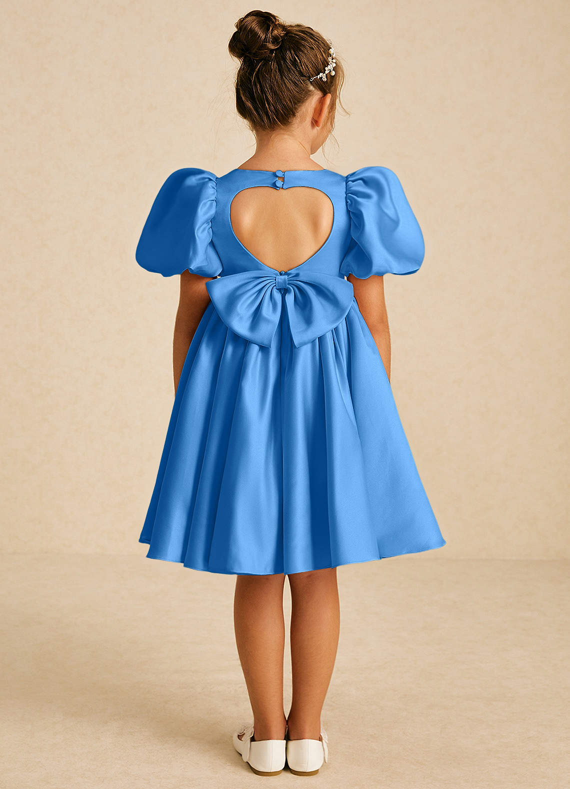 Azazie Muffin Abiti da Ragazza di Fiori Abito A-Line in Raso Opaco Con Maniche Blue Jay image1