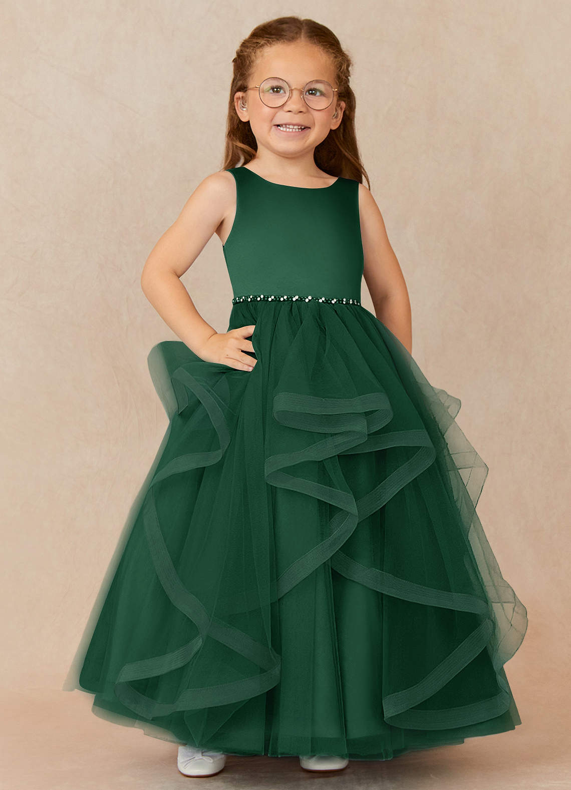 Azazie Sofia vestidos de niña de las flores Vestido de Verde Oscuro de Tul de Corte En A con Perla image1