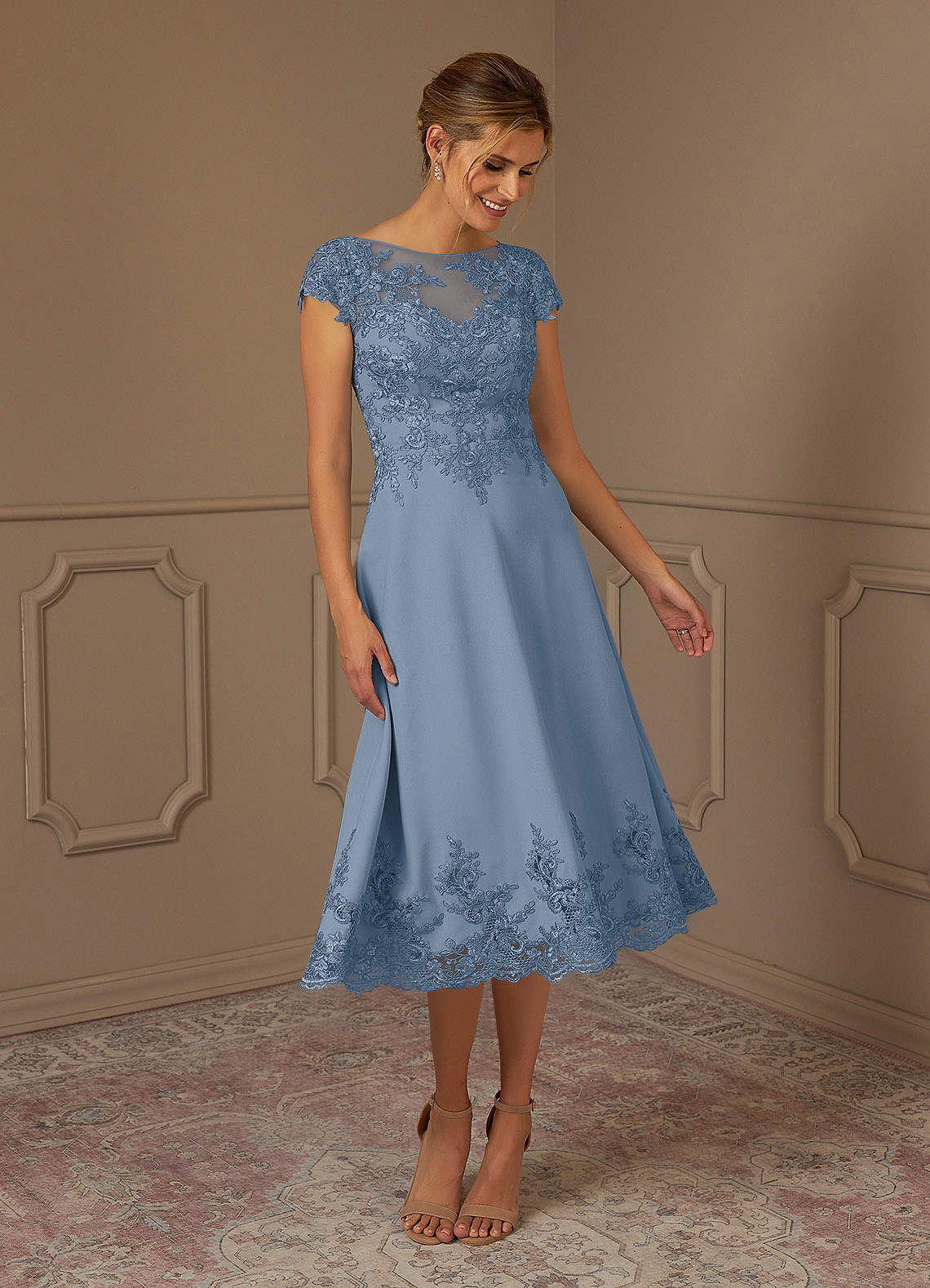 Azazie Terrano Dusty Blue A-Line Scoop Lace Lace Dress | Azazie