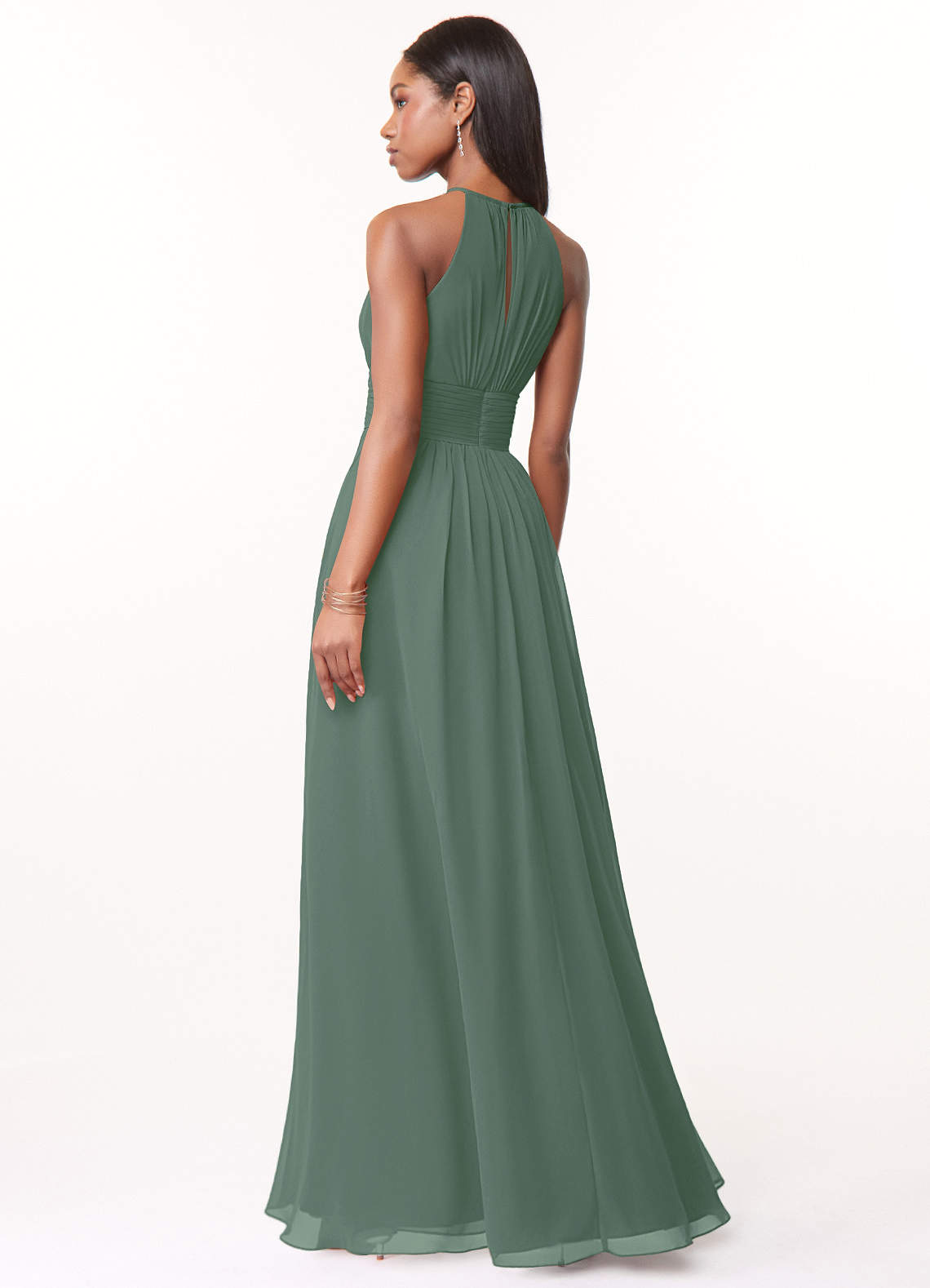 Azazie Bonnie Brautjungfernkleider A-Linie Schlüsselloch Gerüscht Chiffon Kleid Eukalyptus image1