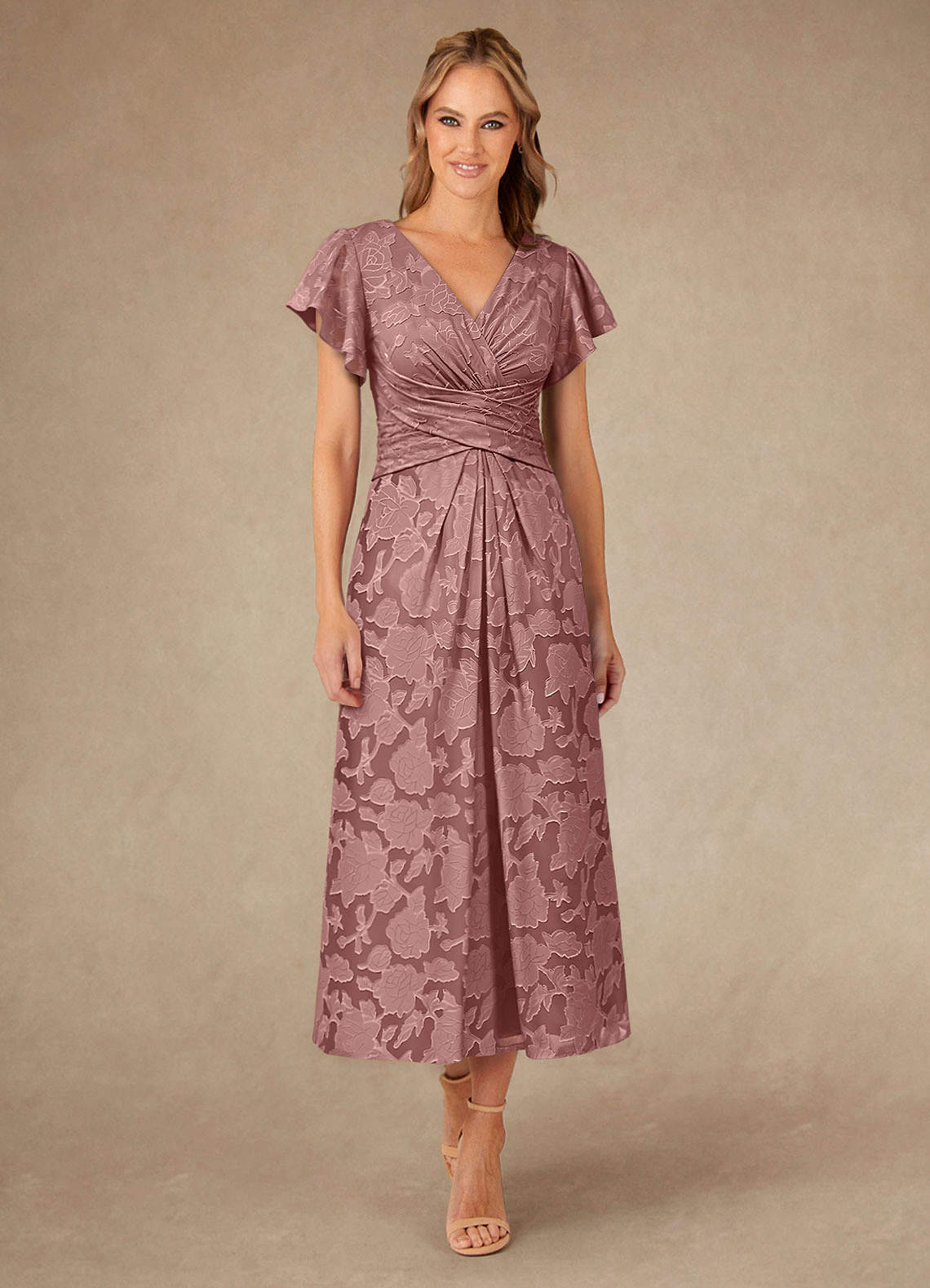 Azazie Vera Mother of the Bride Dresses Dusty Rose A-Line Pleated Floral Burnout Dress image1
