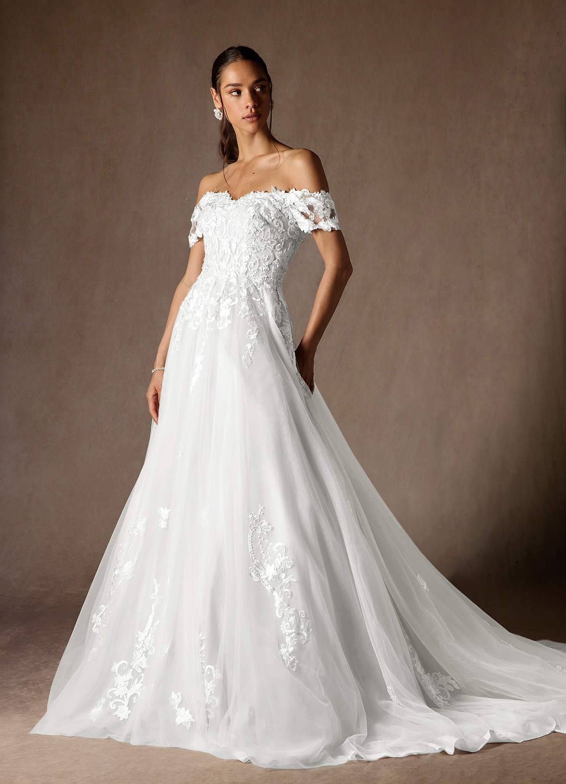 Azazie Rowe Wedding Dresses Diamond White Ball-Gown Off the Shoulder Tulle Dress image4