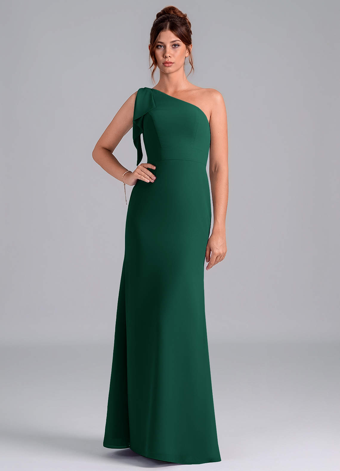 Azazie Rinna Jurken voor bruidsmeisjes Jurk van Chiffon met Zeemeermin One-Shoulder Smaragd image1