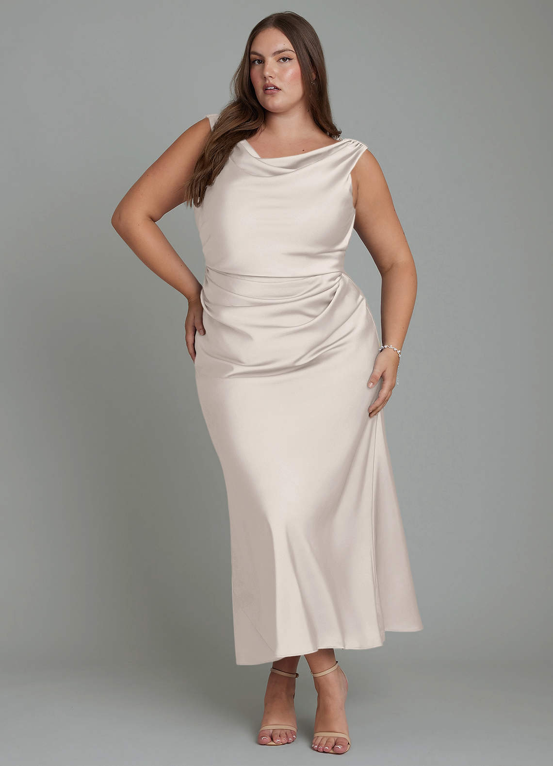 Azazie Kieryn Bridesmaid Dresses White Alabaster Mermaid Pleated Stretch Satin Dress image1