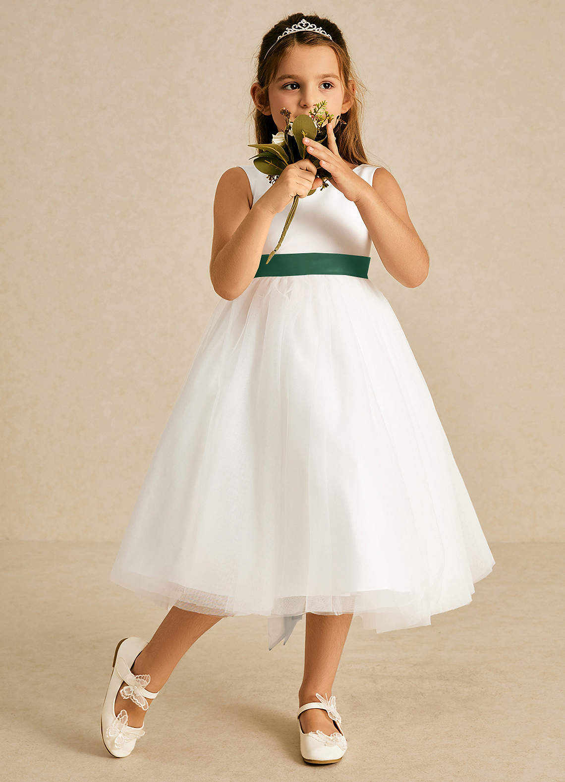 Azazie Kavi Flower Girl Dresses Ivory Dark Green A-Line Bow Matte Satin Dress image2
