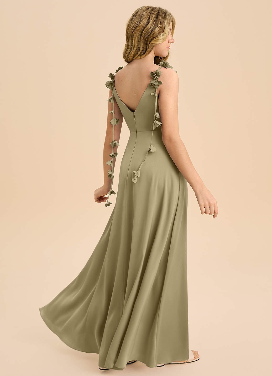 Azazie Gumdrop Junior Moss Green Empire Pleated Stretch Satin Dress image1